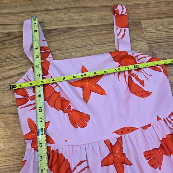 J CREW Pink Red Lobster Print Maxi Dress Sz 2 Square Neck Cotton Smocked tiered - Picture 12 of 13